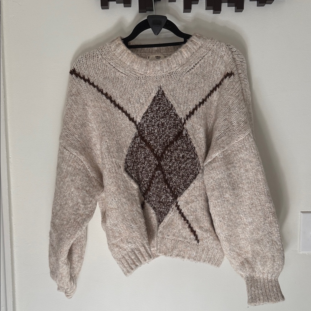Mango Beige and Brown Argyle Sweater